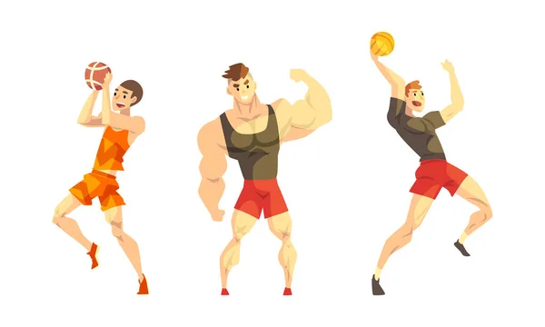 Atletas profesionales que hacen el sistema de los deportes, jugadores masculinos del baloncesto y del voleibol, ilustración masculina del vector de la historieta del culturista — Vector de stock