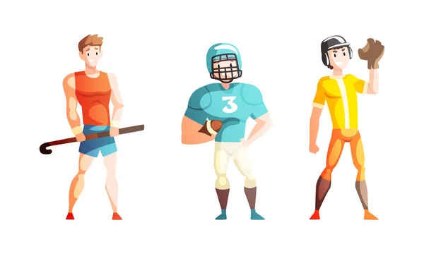 Επαγγελματίες αθλητές που κάνουν αθλητικά σετ, αρσενικό γκολφ, αμερικανικό ποδόσφαιρο, παίκτες του μπέιζμπολ Cartoon Vector Illustration — Διανυσματικό Αρχείο