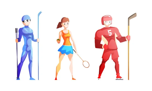 Atletas Profesionales haciendo Deportes, Esquiador Masculino, Jugador de Hockey, Chica Jugadora de Tenis Dibujos Animados Vector Ilustración — Vector de stock