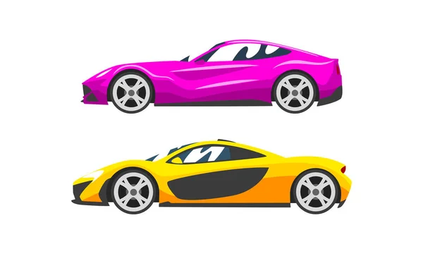 Set van Fast Motor Racing Auto 's, Zijaanzicht van Racing Bolids Flat Vector Illustratie — Stockvector