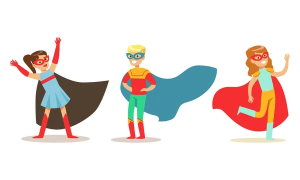 세트 오브 해피 보이 앤 걸스 in Superhero Costumes, Super Kids Dressed Capes and Masking Having Fun at Masquerade Party Cartoon Vector Illustration — 스톡 벡터