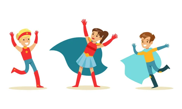 세트 오브 해피 보이 앤 걸스 in Superhero Costumes, Super Kids Having Fun at Masquerade or Birthday Party Cartoon Vector Illustration — 스톡 벡터