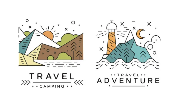 Travel Logo Original Design Set, Adventures and Camping Odznaki lub etykiety Ilustracja wektora kreskówek — Wektor stockowy
