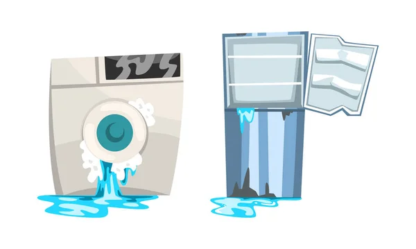 Beschadigde huishoudelijke apparaten set, kapotte wasmachine en koelkast met lekkende water cartoon vector illustratie — Stockvector