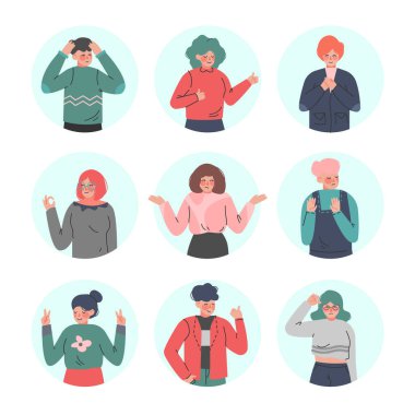 Genç Adam ve Kadın, Dairesel Çerçeve Resimlerinde Olumlu ve Olumsuz El Hareketleri Yapıyor