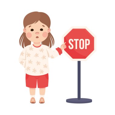 Küçük Kız Yaya Öğrenme Yolu İşareti ve Trafik Kuralı İllüstrasyonu