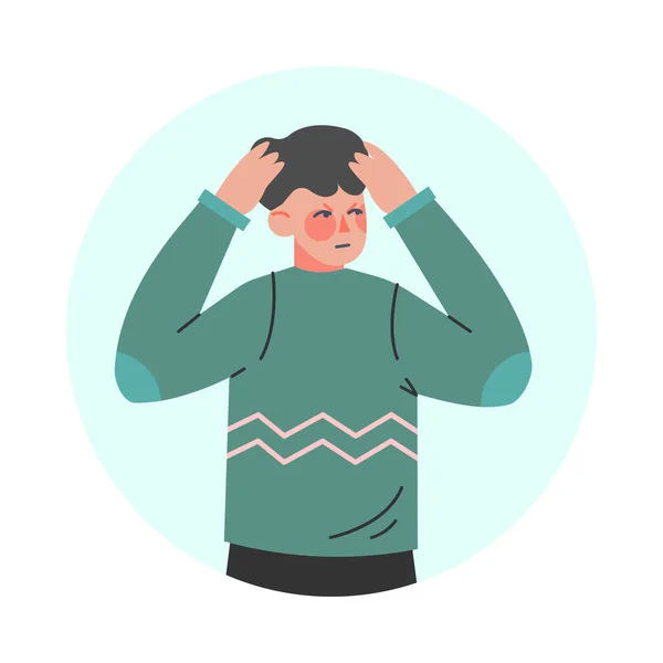 Jeune homme faisant un geste négatif de la main fronçant les sourcils et tenant sa tête dans un cadre circulaire Illustration vectorielle — Image vectorielle