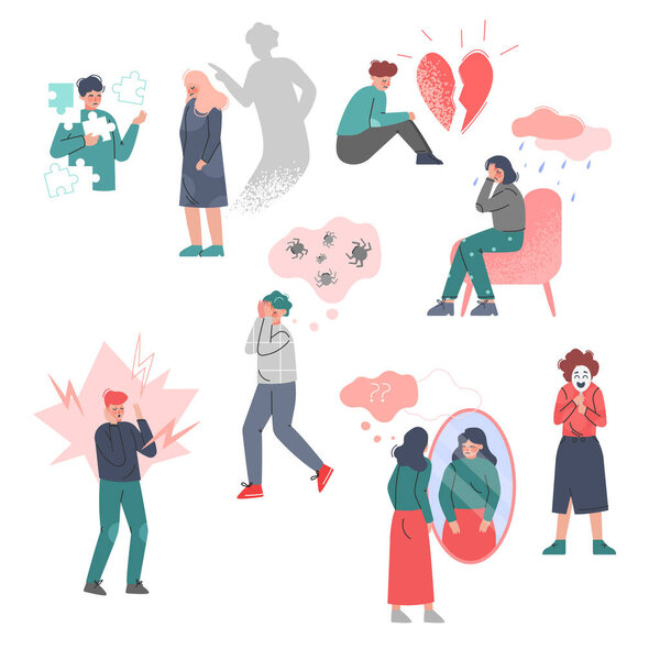 Подростки, страдающие от психологических проблем набор, тревога, одиночество и депрессия, психические расстройства, болезнь Концепция Мультфильм вектор иллюстрация