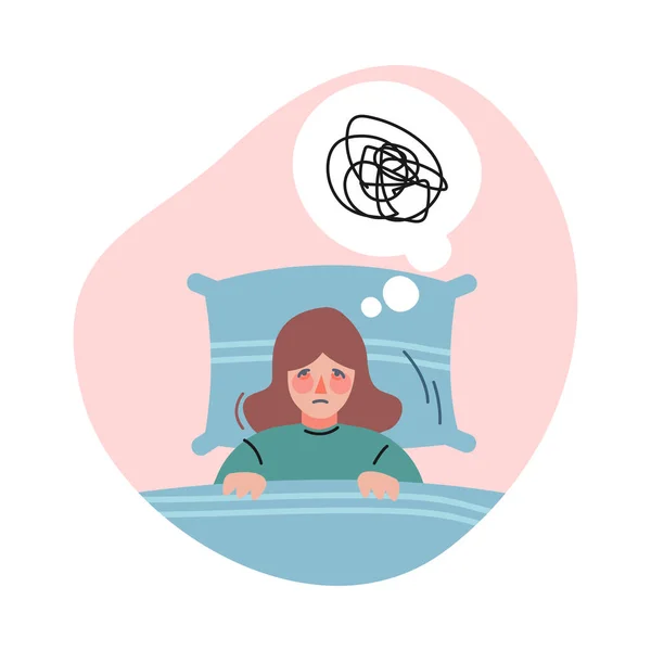 Menina frustrada com maus pensamentos de tristeza, mulher deprimida deitada na cama sentindo confusão de pensamentos Cartoon Vector Ilustração —  Vetores de Stock