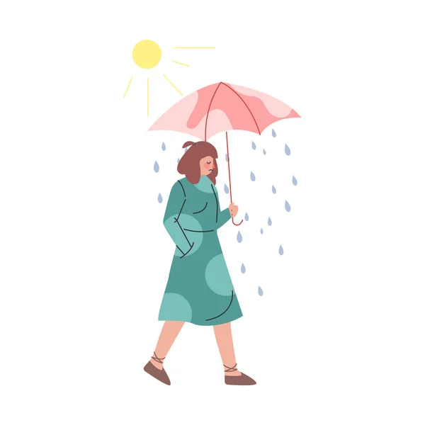 Chica deprimida caminando con paraguas bajo la lluvia, mujer joven triste estresada ilustración vectorial de dibujos animados — Archivo Imágenes Vectoriales