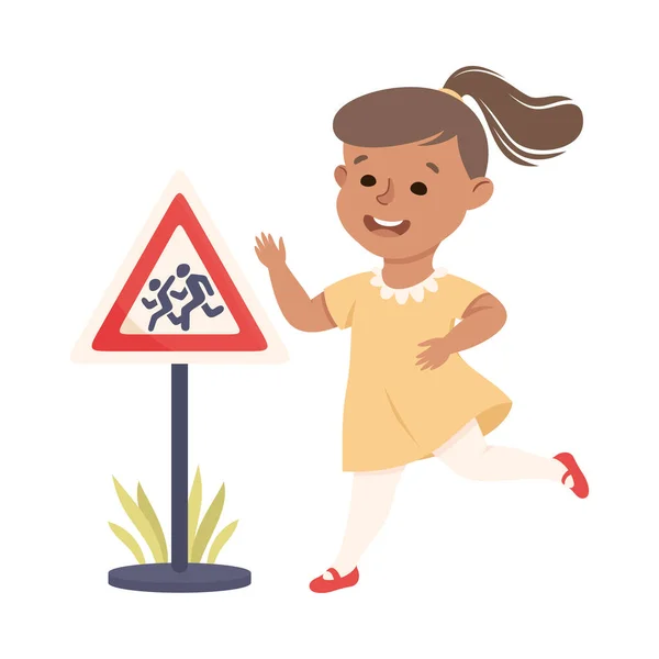 Пешеходный знак "Маленькая девочка" и векторная иллюстрация правил дорожного движения — стоковый вектор