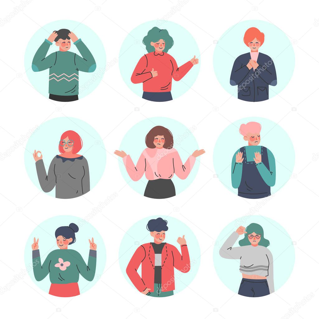 Young Man and Woman Making Positive and Negative Hand Gestures in Circular Frames Vector Illustration Set