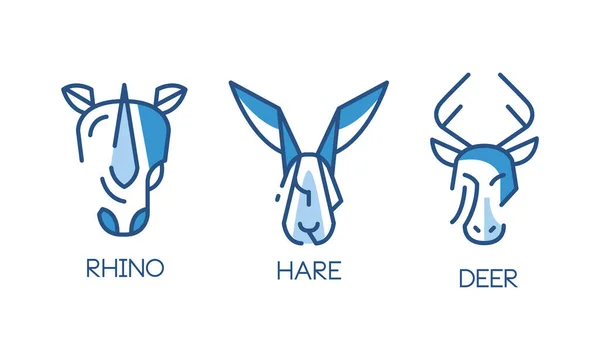 Conjunto de diseño de logotipo animal, insignias abstractas con Rino, liebre, cabezas de ciervo Vector Ilustración — Vector de stock