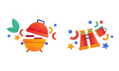 Kamp malzemeleri seti, barbekü ızgarası ve dürbün düz vektör çizimi