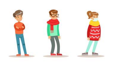 Hasta Çocuklar Farklı Semptomlar Seti 'nden muzdarip, Kızla Oğlanın İsilik, Ateşi, Boğaz Karikatürü Vektör İllüstrasyonu