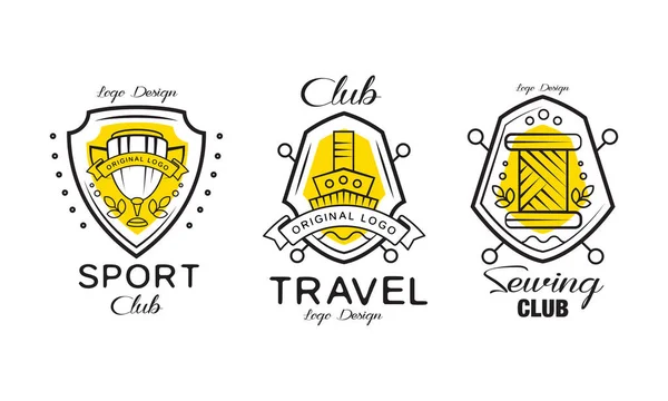 Shield Logo Design Set, Sport, Travel, Sewing Company Identity Badges, Labels Vector Illustration — Stock Vector