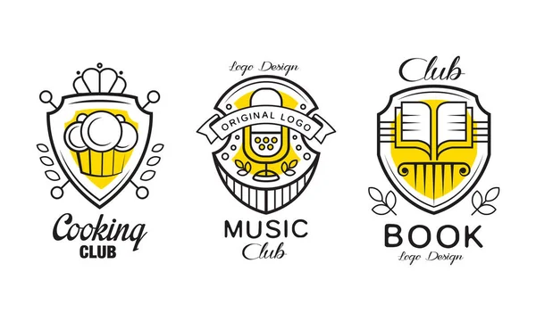 Sköld Logotyp Design Set, Matlagning, Musik, Bok Företag Identitetsmärken, Etiketter vektor Illustration — Stock vektor
