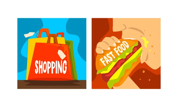 Conjunto de malos hábitos y adicciones, compras y comida rápida Dependencia Dibujos animados Vector Ilustración — Vector de stock