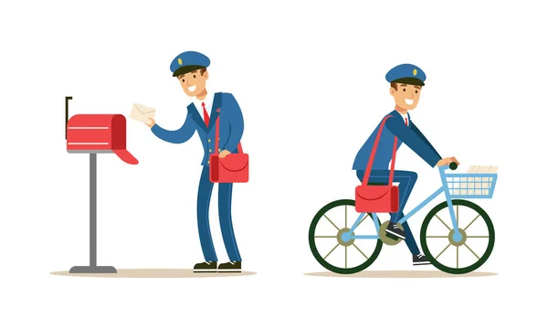 派递信件集的邮差、身穿蓝色制服的邮递员及载有信件、报章及撤销地图的邮差 — 图库矢量图片