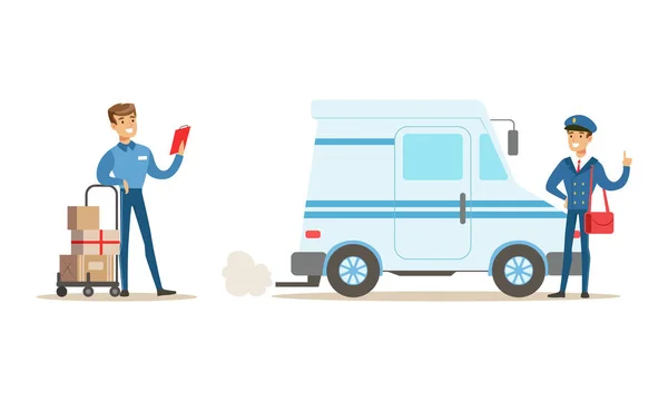 Man Courier Karakters Set, Levering Mannen in uniform Pakketten leveren Cartoon Vector Illustratie — Stockvector