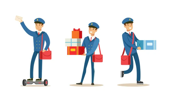 Postman Delivering Correspondence Set, Mailman Character in Blue Uniform and Cap Carrying Letters, Newspapers and Parcels Cartoon Vector Illustration — Stock Vector