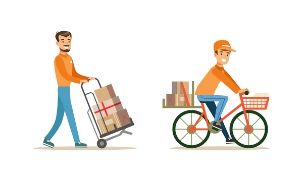 Conjunto de cajas de transporte de mensajero masculino, entrega de personajes de hombres en uniformes que entregan paquetes utilizando la ilustración de vectores de dibujos animados de carro y bicicleta — Vector de stock