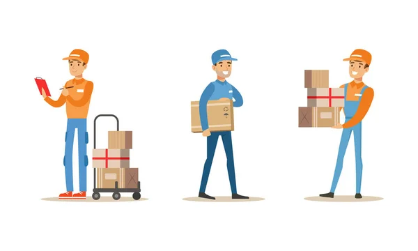 Courier masculino que transporta caixas ajustadas, entrega personagens dos homens no uniforme que entrega parcelas ilustração do vetor dos desenhos animados —  Vetores de Stock