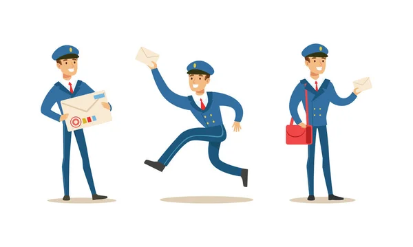 Set de corespondență poștală, personaj poștal în scrisori uniforme de transport, ziare și colete ilustrație vectorială de desene animate — Vector de stoc