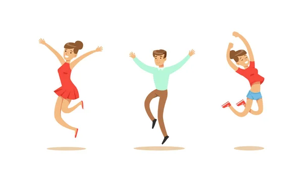 Conjunto de personas felices, hombre alegre y mujer saltando celebrando la victoria Dibujos animados Vector Ilustración — Vector de stock