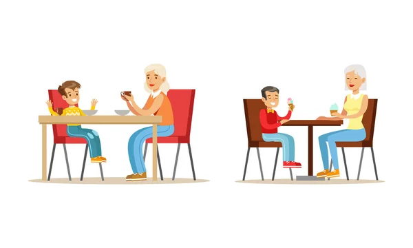 Набор бабушек и дедушек и внуков, бабушка и внук пьют чай и разговаривают друг с другом — стоковый вектор
