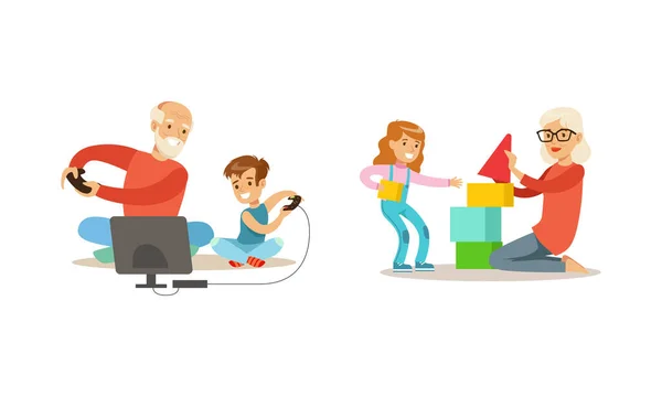 Los abuelos que tienen buen tiempo con los nietos consiguen, su están jugando los videojuegos y los bloques de juguete Dibujos animados Vector Ilustración — Vector de stock