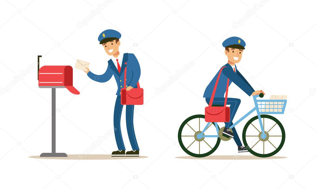Postmen Delivering Correspondence Set, Postal Carrier Characters in Blue Uniform and Cap Carrying Letters, Newspapers and Parcels Cartoon Vector Illustration