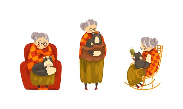 Lonely Old Happy Lady with Her Cat Set, Grandmother Stroking her Black Cat Cartoon Vector Illustration — Stock Vector