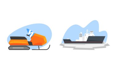 Arctic Explorer Set, Snowmobile ve Ice Breaker, Kutup Seferi Çizgi Filmi Vektör İllüstrasyonu