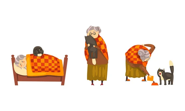 Ensam gammal lycklig dam med sin katt set, mormor sover och matar sin svarta katt tecknad vektor Illustration — Stock vektor