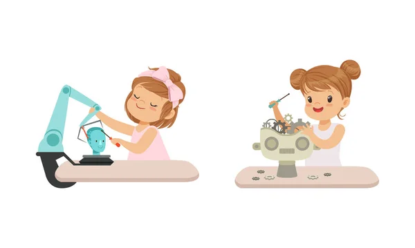 Leuke meisjes maken Robot Modellen Set, Kids Building Robotic Technology, Hobby of Toekomstige Beroep Concept Cartoon Vector Illustratie — Stockvector