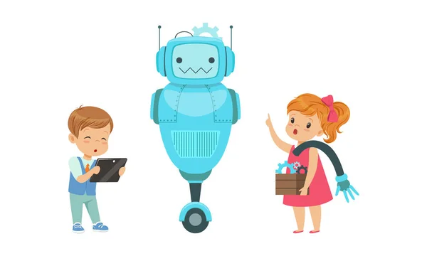 Nette Jungen und Mädchen erstellen Roboter-Modell-Set, Kinder bauen Roboter mit Computerausrüstung Programmierung, Hobby oder zukünftigen Beruf Konzept Cartoon Vector Illustration — Stockvektor