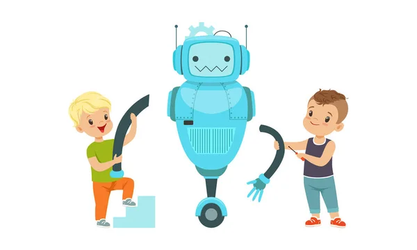 Cute Boys Creando Robot Model Set, Kids Building Robot, Hobby o Future Profession Concept Ilustración de vectores de dibujos animados — Vector de stock