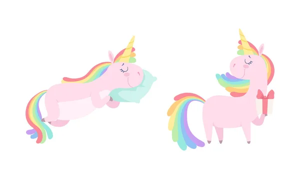 Lindo conjunto de unicornios encantadores, Unicornio encantador con ilustración de vectores de dibujos animados Rainbow Mane — Archivo Imágenes Vectoriales