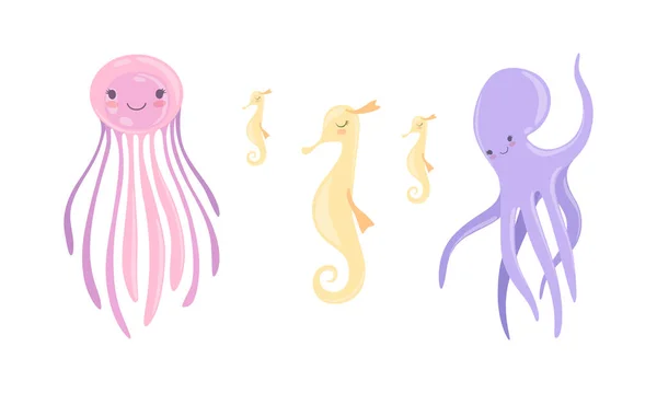Set de criaturas marinas lindas, medusas, pulpo, ilustración de vectores de dibujos animados de caballitos de mar — Archivo Imágenes Vectoriales