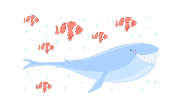 Schattige zee dieren set, clown vissen en blauwe walvis cartoon vector illustratie — Stockvector