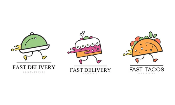 Diseño de Logo de Entrega Rápida, Servicio de Comida, Café, Restaurante, Catering Business Labels, Insignias Dibujos Animados Vector Ilustración — Vector de stock
