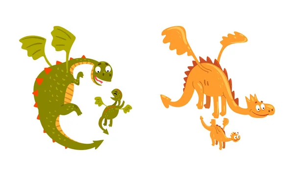 Conjunto de famílias de dragões voadores bonitos, dinossauro da mãe e sua pequena ilustração do vetor do desenho animado do bebê — Vetor de Stock