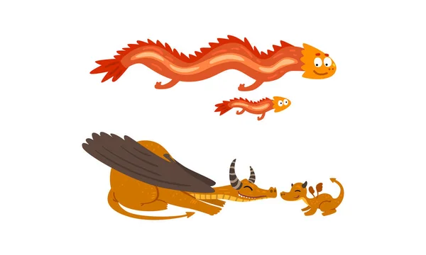 Conjunto de famílias de dragões bonitos, feliz mãe dinossauros e seus bebês Cartoon Vector Ilustração — Vetor de Stock