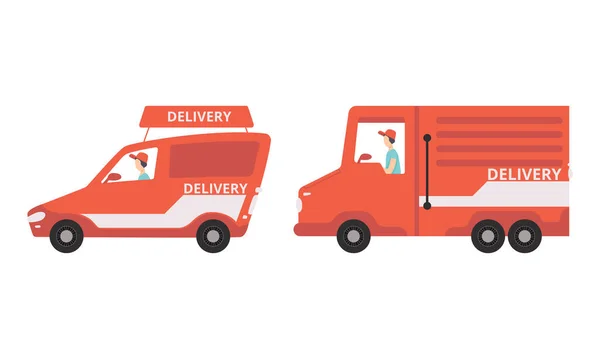 Levering Transport Set, Side View of Red Van and Truck, Scheepvaart Service Concept Cartoon Vector Illustratie — Stockvector