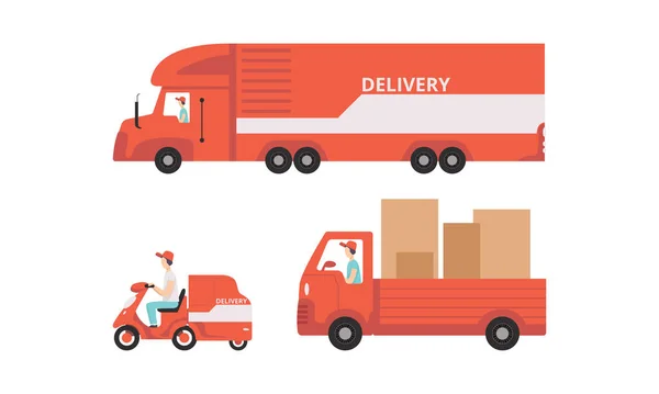 Conjunto de transporte de entrega, Vista lateral de caminhões vermelhos e moto, Serviço de transporte Conceito Cartoon Vector Ilustração —  Vetores de Stock