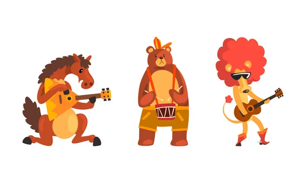 Характери музичних тварин з музичними інструментами Set, Horse, Bear, Lion Playing Balalaika, Drum, Guitar Cartoon Vector Illustration — стоковий вектор