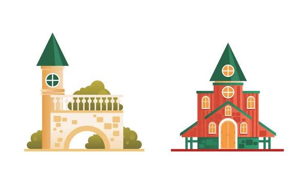Conjunto de edificios urbanos o suburbanos, fachadas de edificios eclesiásticos ilustración vectorial plana — Vector de stock