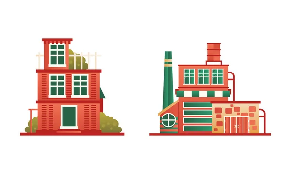 Conjunto de edifícios da cidade ou subúrbio, casa residencial de tijolo e construção industrial ilustração vetorial plana — Vetor de Stock