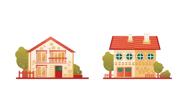 Conjunto de edifícios da cidade ou subúrbio, tradicional Cottage Building Flat Vector Illustration — Vetor de Stock